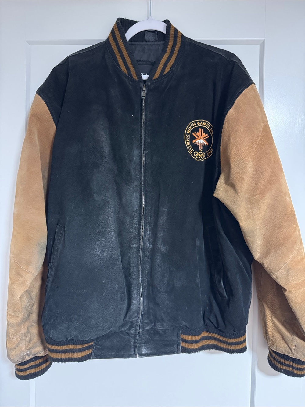 Vintage 2002 Olympics Men’s XL Two-Tone Black and Tan Bomber Jacket